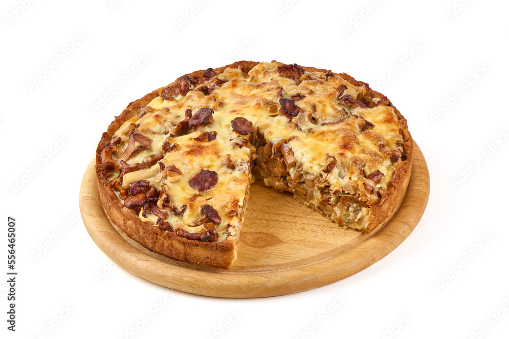 Homemade quiche with chanterelle mushrooms, isolated on white background. Homemade quiche with chanterelle mushrooms, isolated on white background.