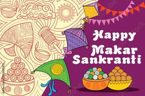 illustration of Happy Makar Sankranti wallpaper with colorful kite string for festival of India