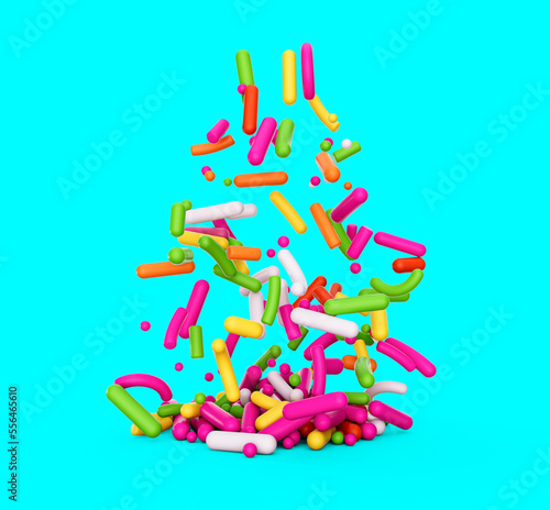 Colorful candy sprinkles pouring isolated on blue background 3d illustration
