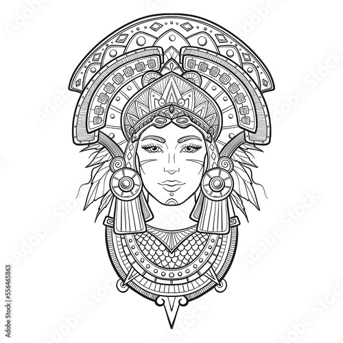 Tribal Fusion Boho Goddess. Beautiful divine diva girl with ornate crown, kokoshnik inspired. Bohemian goddess. Hand drawn elegant illustration. Lotus flower, ethnic art, patterned Indian paisley.