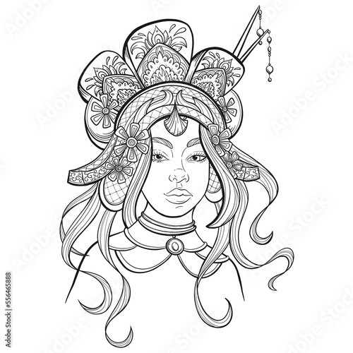 Tribal Fusion Boho Goddess. Beautiful divine diva girl with ornate crown, kokoshnik inspired. Bohemian goddess. Hand drawn elegant illustration. Lotus flower, ethnic art, patterned Indian paisley.