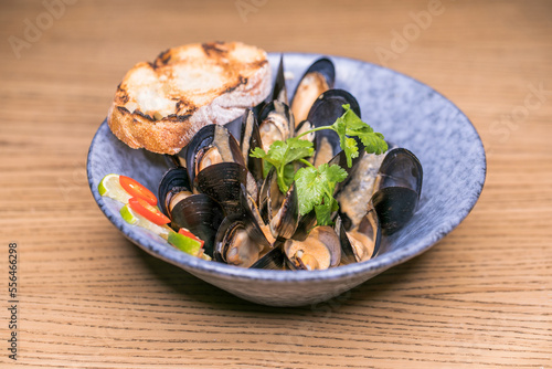 restaurant dish in shell mussels with sauce in a blue plate