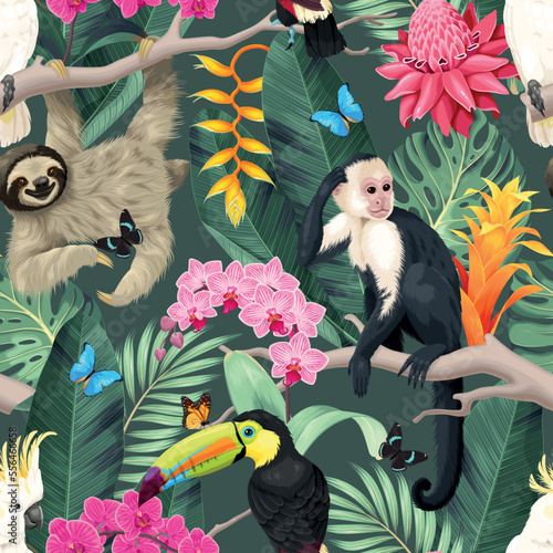 Seamless pattern with exotic flowers and animals