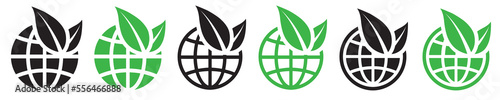 Set of icons earth with leaf. Earth and environment protection signs. Leaf and globe, eco globe symbol. Vector.
