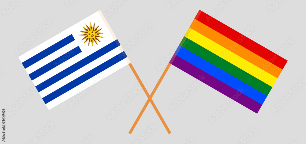 Crossed flags of Uruguay and LGBTQ. Official colors. Correct proportion