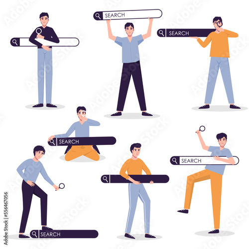 Search bars and people browsing online information, surfing internet. Personalised search results, SEO optimisation and search bar with finders characters vector set