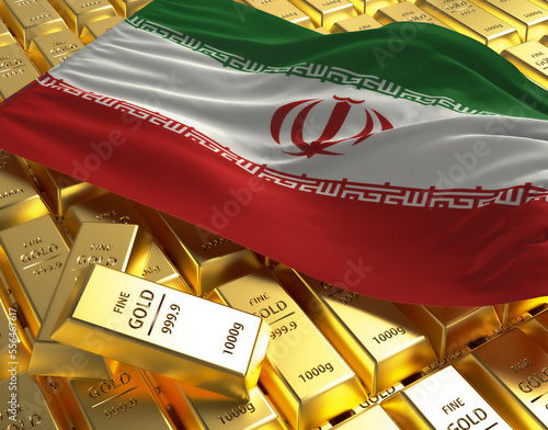 Iran national country flag on Golden ingots bars pyramid plate national foreign-exchange reserve banking economy system 3d rendering image concept