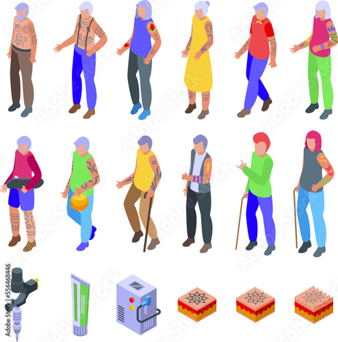 Tattoos in old age icons set isometric vector. Rock granny. Rocker party
