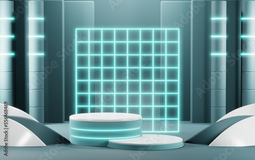 3D render of Podium background in blue tones for displaying cream products. cosmetics