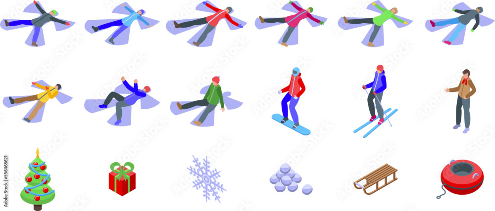 Snow angel icons set isometric vector. Winter making. Family child
