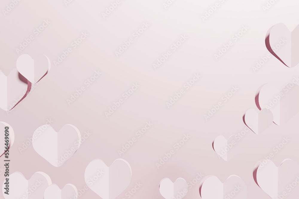 3d render of flying paper hearts on a pastel pink background