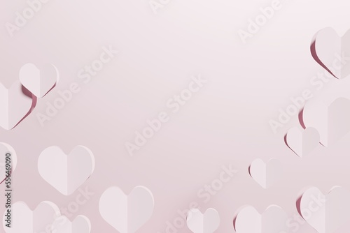 3d render of flying paper hearts on a pastel pink background
