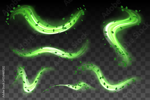 Abstract wind swirls with green leaves and sparkles isolated. Vector realistic set of magic air vortex, light twirls with particles. Design element of fresh and clean