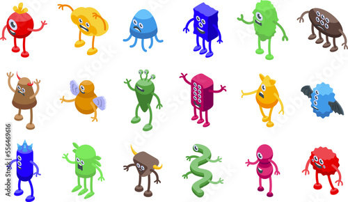 Monster icons set isometric vector. Animal alien. Troll mascot