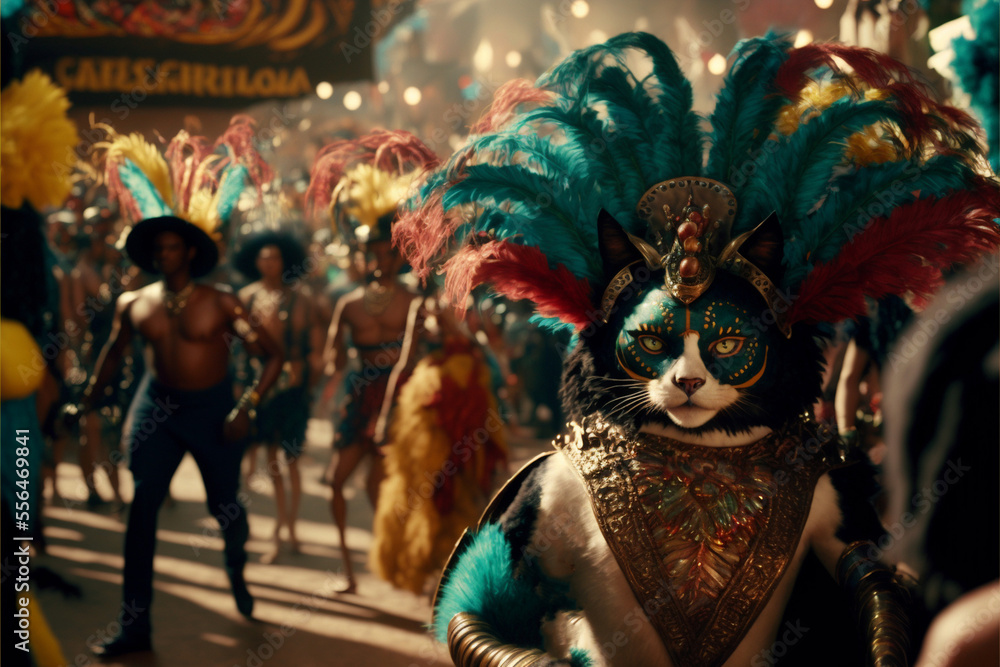 A cat posing as a king, wearing a peacock feather headdress A cat posing as a king, wearing a peacock feather headdress