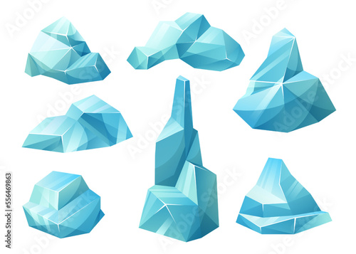 Glaciers, iceberg pieces, blue blocks of ice, frozen water and snow. Crystals of ice, iceberg broken pieces of ice, icicles, cold frozen blocks ice mountain