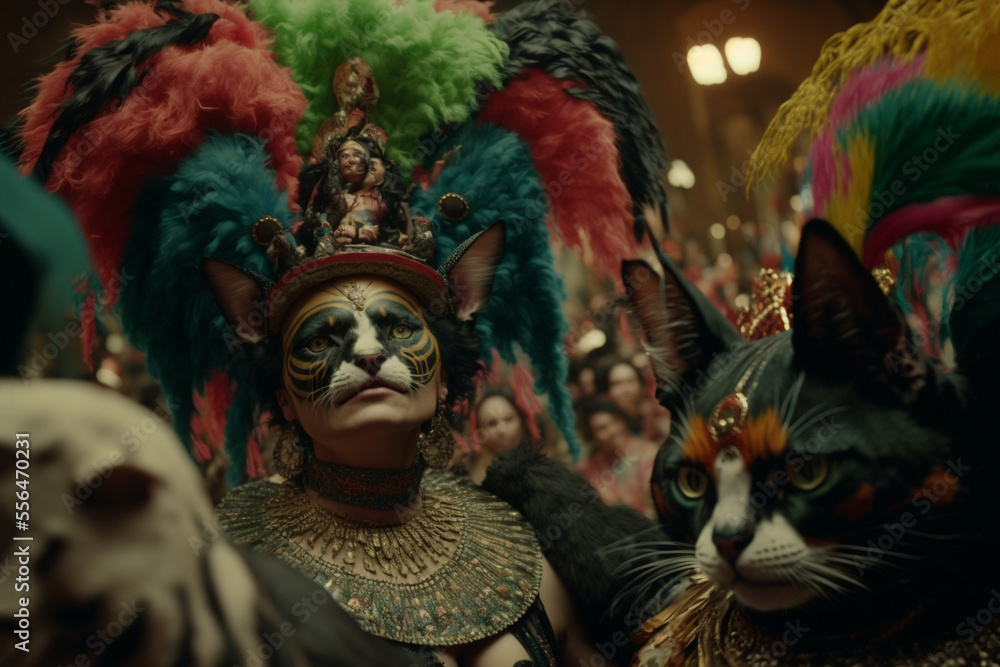 Fototapeta premium A woman wearing a cat mask and peacock feather headdress, standing next to a cat