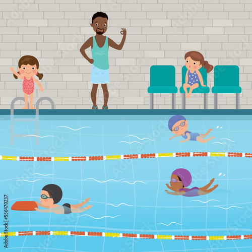 Coach man teaching children, swimming class. Multiethnic school kids group in swimming pool. Happy kids characters swimming in poolside, training, education, learning to swim.