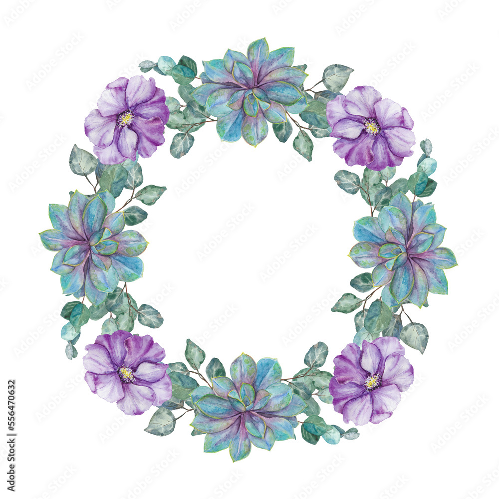 Watercolor hand drawn border purple echeveria with green eucaliptus leaves and anemone flower isolated on white