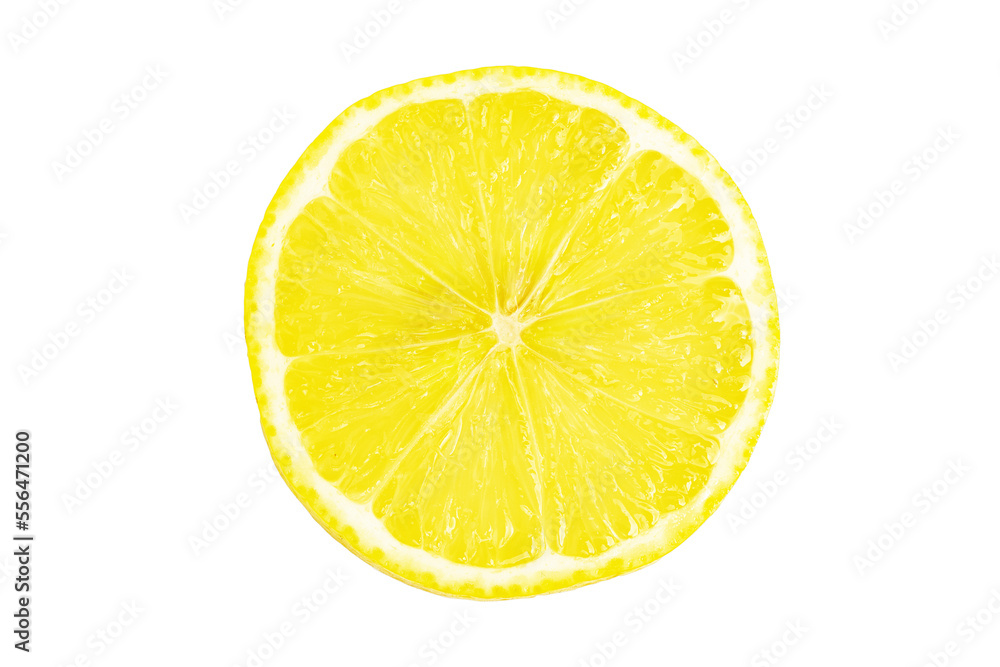 Round lemon slice citrus fruit, isolated on transparent background, top view