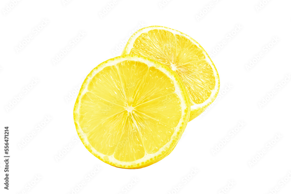 Lemon citrus fruits, half and slice isolated on transparent background