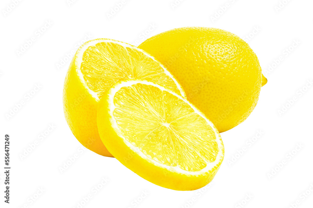 Lemon citrus fruits, whole, half and slice isolated on transparent background Lemon citrus fruits, whole, half and slice isolated on transparent background