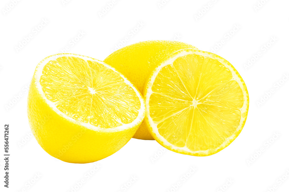 Lemon citrus fruits, whole, half and slice isolated on transparent background Lemon citrus fruits, whole, half and slice isolated on transparent background