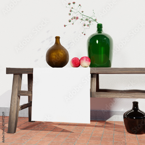 Towel on old wooden Bench mockup with glass bottles, Whitewall, Empty space for design