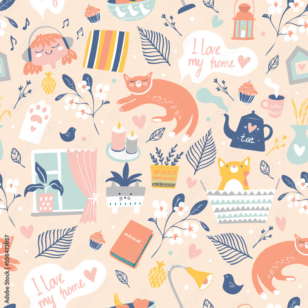 cute cozy seamless pattern with cute home things on a pink background