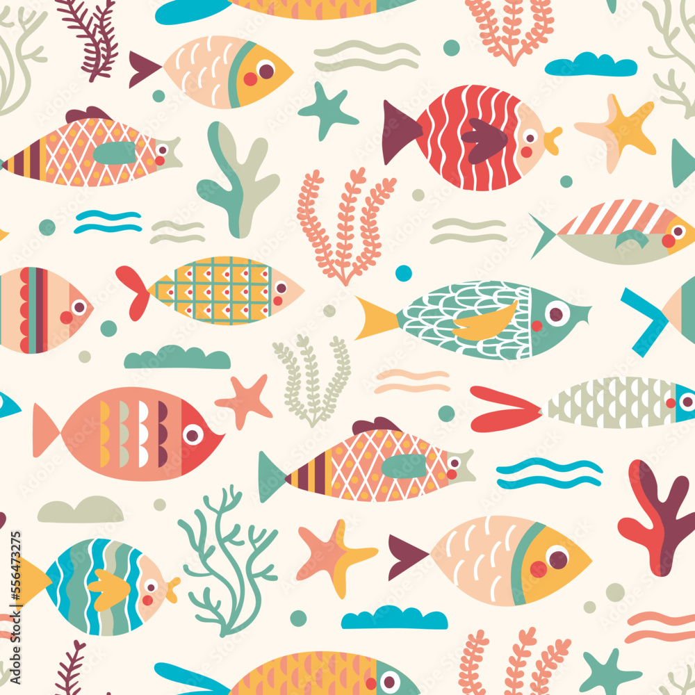 seamless pattern with yellow, red,pink, green fish for kids