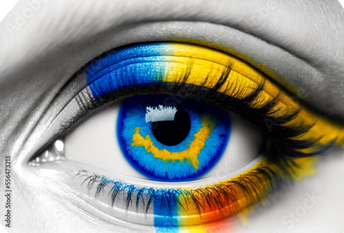 Close-up of a colorful rainbow Girl yellow and blue eye on white panoramic background, Ukraine flag colors
