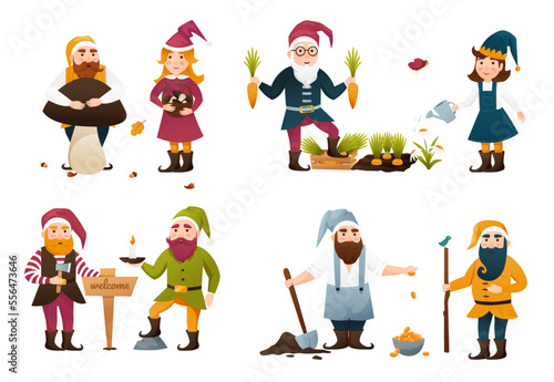 Set of four garden gnomes or dwarfs. Collection cute funny garden gnomes friendly fairy tail character gardener