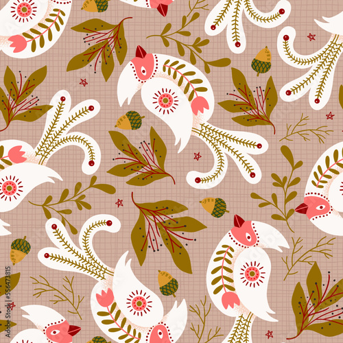 Nordic Folk Art Birds and Botanicals Vector Seamless Pattern
