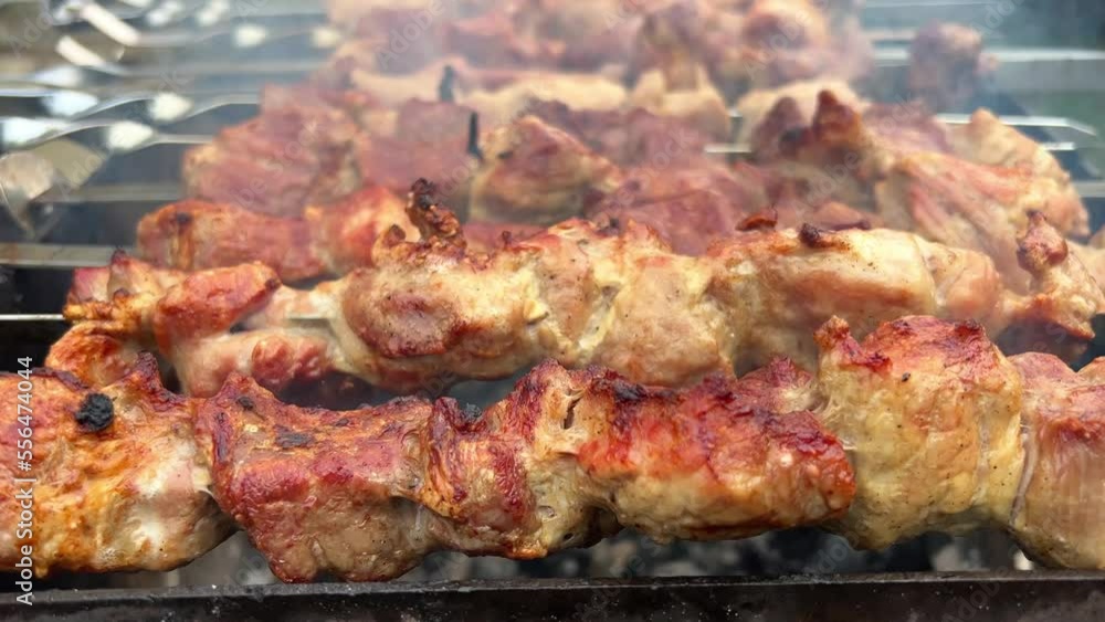 Marinated skewers are prepared on a barbecue grill over charcoal. Shish kebab or shish kebab is popular in Eastern Europe. Shish kebab was originally made from mutton BBQ grilled beef kebab Marinated skewers are prepared on a barbecue grill over charcoal. Shish kebab or shish kebab is popular in Eastern Europe. Shish kebab was originally made from mutton BBQ grilled beef kebab
