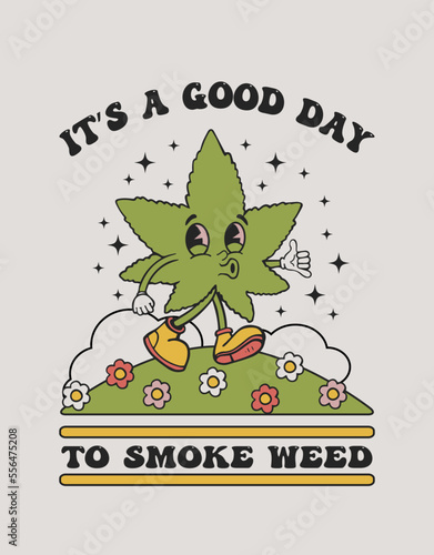marijuana leaf character smiles and walks , cheerful print on a t-shirt, retro style