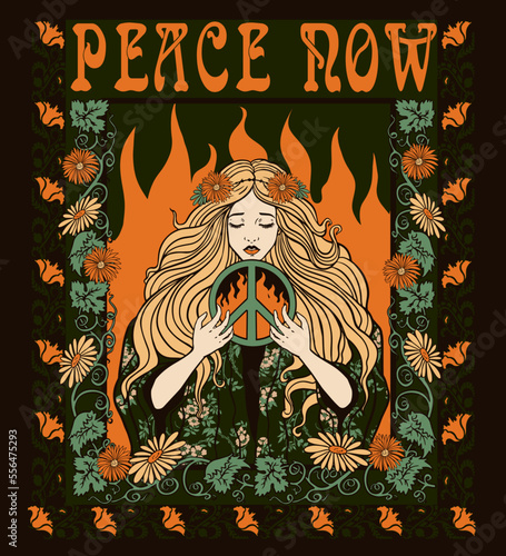 peace now, girl with a peace symbol in her hands, art nouveau T-shirt print