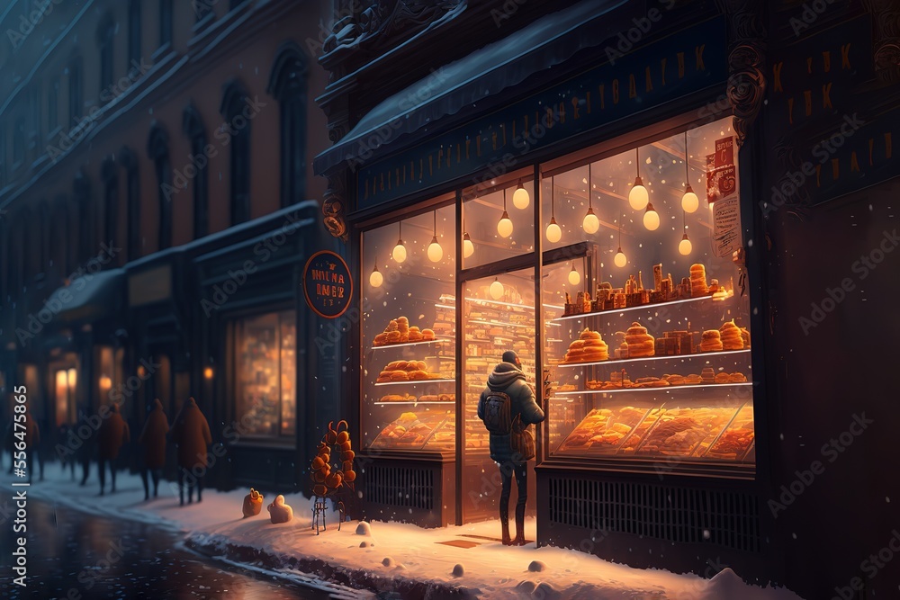 cozy bakery showcase glows yellow, cold winter street, snow, people pass