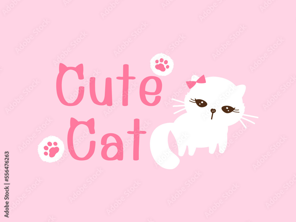 Cat kitten cartoon, foot print and hand written font on pink background vector illustration.