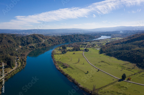 drone shot of lake in southern chile