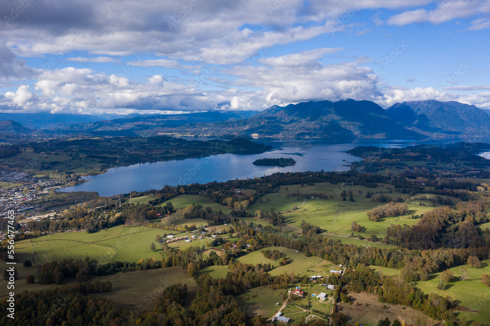 drone shot of lake in southern chile