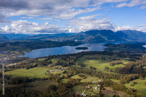 drone shot of lake in southern chile