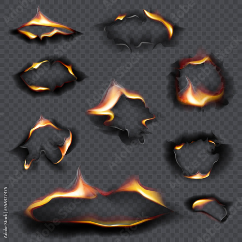 Burning holes, fire flames. Realistic burnt paper. Burned paper realistic fire flame isolated page sheet torn ash vector illustration