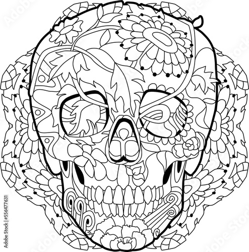 Zentangle stylized scull on mandala. Hand drawn decorative vector illustration for coloring