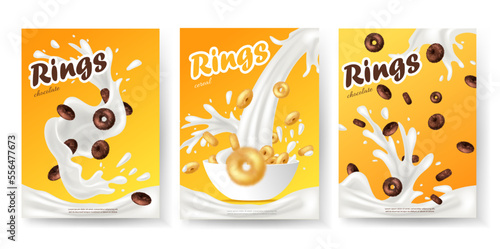 Breakfast cereal realistic poster set with rings isolated. Concept of healthy breakfast. 3d ring cereals or cheerios ad template.