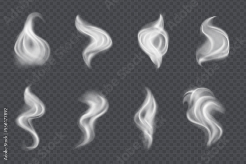Smoke vector collection, isolated on transparent background. Set of realistic white smoke steam, waves from coffee,tea,cigarettes, hot food. Fog and mist effect.