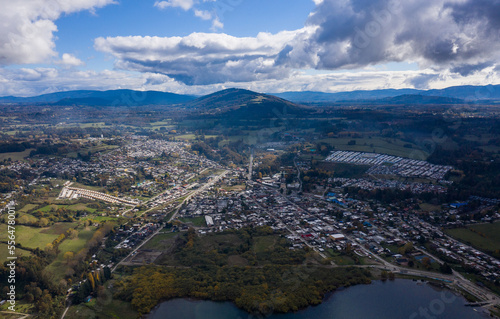drone shot of lake in southern chile