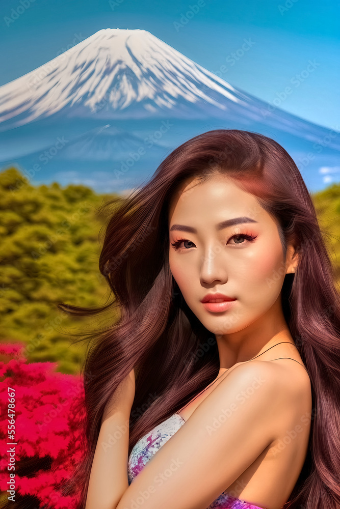 Fototapeta premium Illustration of a young Asian girl with long hair with Mount Fujiyama in the background, fictional person. Made with generative AI