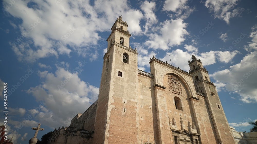 The Cathedral Ildefonso at Merida Mexico Plaza Grande with a clear blue sky.