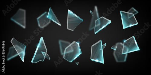 Broken glass shatter set, vector mirror sharp pieces explosion, transparent splinter fragment kit. 3D flying crystal shards, windshield smithereens, realistic dangerous particles. Broken glass design