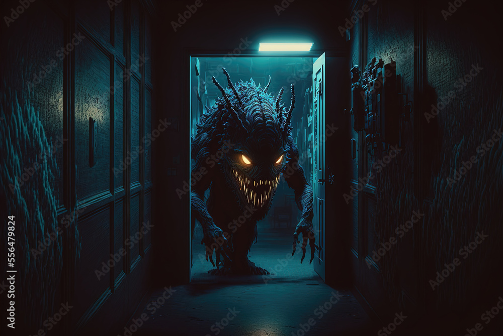 Nightmare Scary Monster Is Walking Down The Dark Corridor Of The House 
